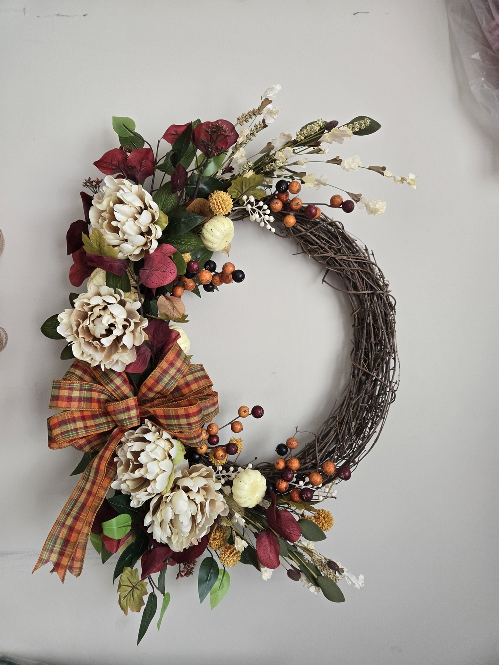 Fall Harvest Floral Grapevine Wreath with Plaid Bow